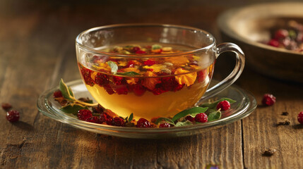 Herbal Tea with Dried Berries and Flowers in Glass Cup