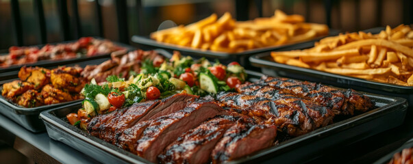 Grilled Meat with Side Dishes in Catering Trays