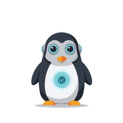 Obraz premium Cute robotic penguin character with large blue eyes and a glowing gear emblem on its chest.