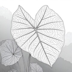 Detailed grayscale illustration of large tropical leaves, showcasing intricate vein patterns and a serene, natural mood.