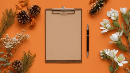 Blank clipboard with pen and floral accents on a vibrant orange background