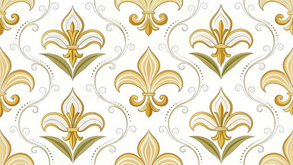Vintage lily flower in gold wallpaper, ornate seamless banner design, isolated transparent background.