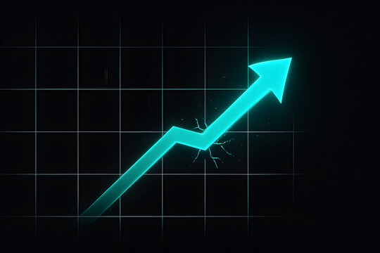 Neon turquoise arrow breaking grid with subtle glow and particles on black background