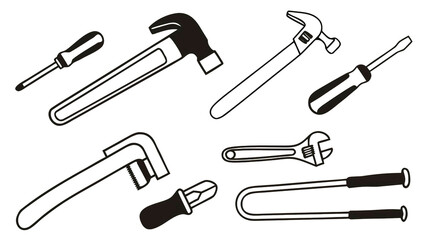 Black and white photo set of 10 plumbing tools and equipment for DIY projects, flat clip art, isolated transparent background.