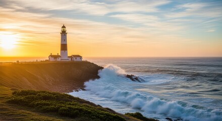 Obraz premium Coastal lighthouse stands tall against crashing waves during a tranquil golden sunset hour scene.