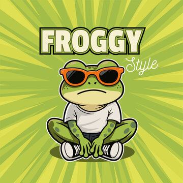Cartoon mascot illustration of a cool frog sitting cross-legged on the ground