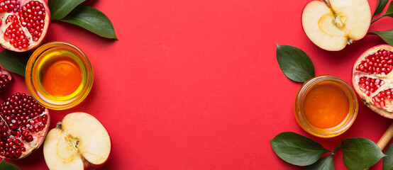 Flat lay composition with symbols jewish Rosh Hashanah holiday attributes on colored background, Rosh hashanah concept. New Year holiday Traditional. Top view with copy space