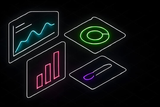 Neon data visualization vector with charts on black isometric grid