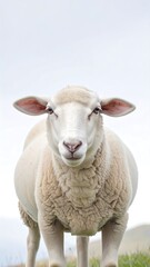 Fototapeta premium A close-up, direct gaze of a fluffy, white sheep in a pastoral setting.