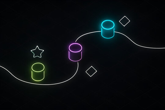 Neon roadmap vector with isometric grid and glowing milestones