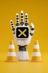 A futuristic robotic hand with cameras and sensors holds a warning symbol, surrounded by traffic cones.