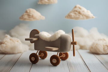 Wooden airplane with white fur blanket, newborn baby infant photography, rustic wood floor, fluffy cloud backdrop., 