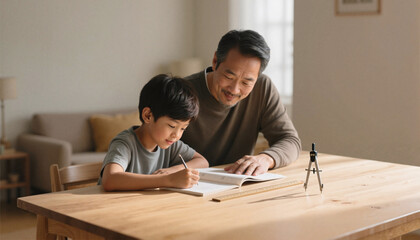 Educational bond, father and son duo studying at wooden table in cozy home environment