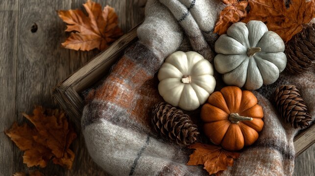 Top view of small pumpkins, fall leaves, pinecones, and plaid scarf on wooden floor, cozy autumn flat lay