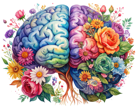 Watercolor Left and Right Brain Hemispheres with Colorful Flowers, Front View, White Background