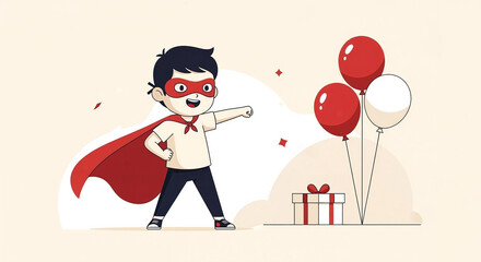 Young boy in superhero costume celebrating birthday with balloons  