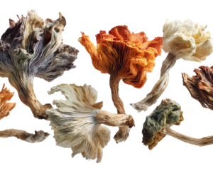 Dried Mushrooms: Colorful Floral Fungi on Black Background