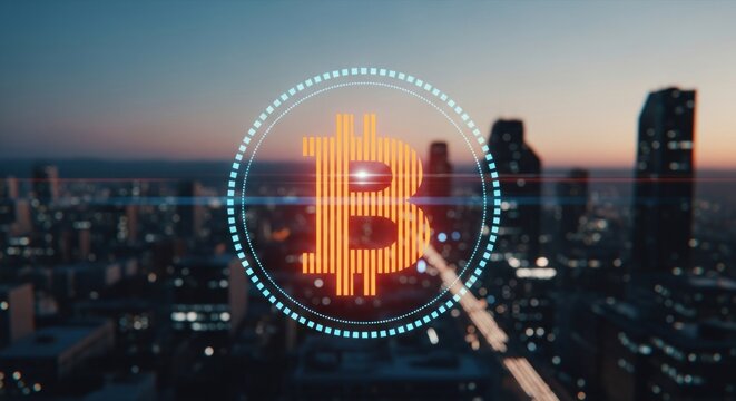 Bitcoin icon glows atop a blurred urban cityscape at dusk