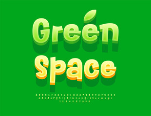 Vector Eco concept Green Space. Funny Green 3D Font. Handwritten Alphabet Letters and Numbers set.