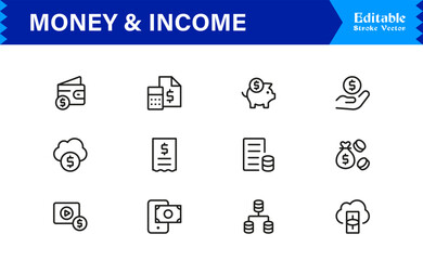 Money and Income Symbol Icons – Modern Professional Line Icon Set with Minimal Vector Style Featuring Financial Growth, Wealth, and Revenue Concepts