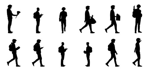A set of twelve silhouette illustrations of people walking, showcasing various carrying items, like bags, books, and flowers.