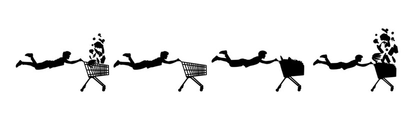 Stylized silhouette vector set of people pushing shopping carts flying through the air in black and white. © Raju