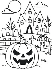 Halloween Coloring Page – Cute Pumpkin, Ghost, Witch, Bat & Haunted House Printable for Kids