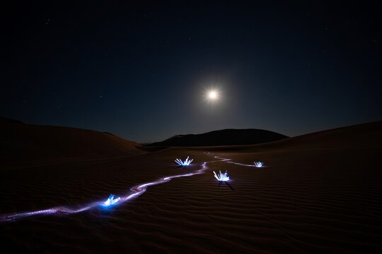 Mysterious glowing trails illuminate the desert under the full moon creating a magical scene