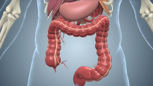 3D Render of Human Large Intestine and Digestive System Anatomy