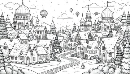 Obraz premium Whimsical Winter Village A Coloring Page Adventure
