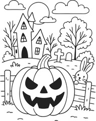 Halloween Coloring Page – Cute Pumpkin, Ghost, Witch, Bat & Haunted House Printable for Kids