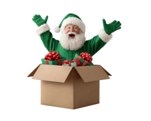 Santa doll with green suit joyful expression open cardboard box surrounded by festive gift boxes red bows holiday celebration cheerful mood isolated transparency background