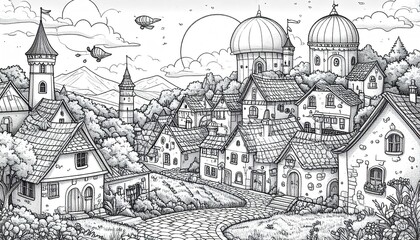 Obraz premium Fantasy Village Coloring Page An Imaginative Medieval Town with Zeppelins
