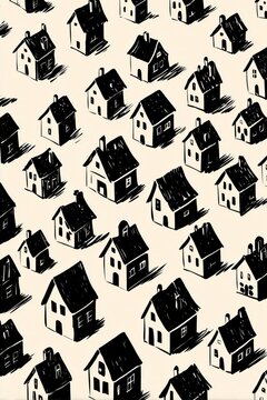 A textured illustration features a playful pattern of various houses, capturing a whimsical ambiance.