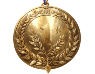 Classic Gold Medal with Laurel Wreath Engraving, Front View, 3D Render, Isolated