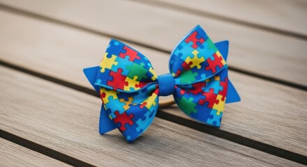 Blue hair bow with autism awareness puzzle pieces sits on wood planks