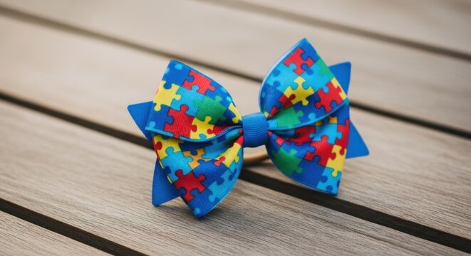 Blue hair bow with autism awareness puzzle pieces sits on wood planks