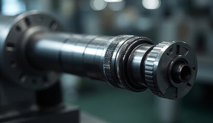 Close-up side view of a steel gearbox shaft with precision grooves, polished metallic surface, sharp detail, blurred factory background, ideal for engineering, machinery, and industrial themes