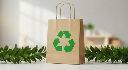 Brown Paper Bag with Green Recycle Symbol on Bright Table