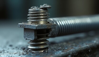 Macro close-up of a heavy-duty threaded bolt secured in a steel plate, sharp metallic texture, side view, blurred background, ideal for machinery, engineering, and industrial themes