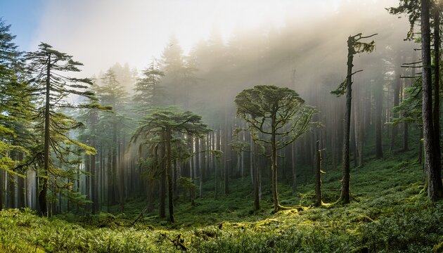a dense misty forest with towering ancient trees bathed in soft early morning light - Powered by Adobe