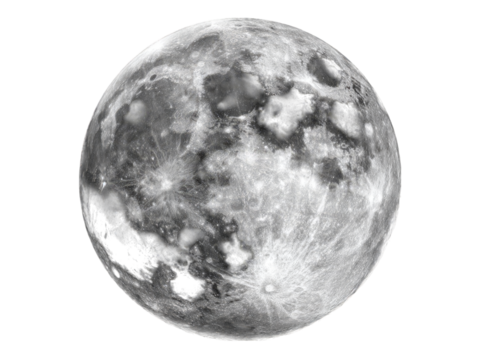 Full moon high resolution lunar surface crater details, Isolated On White Background, Png Transparent