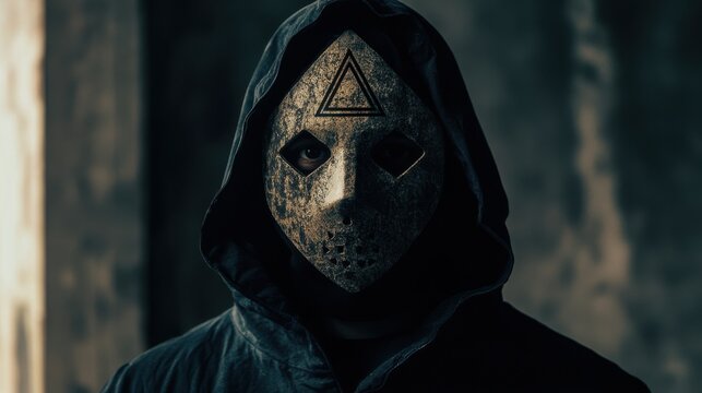 Portrait of masked figure in dark attire with triangle emblem on mask.