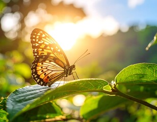 Obraz premium A radiant butterfly rests on a vibrant leaf, bathed in golden sunlight, highlighting the beauty of nature's gentle glow.