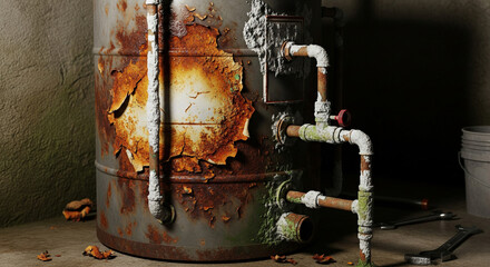Old broken water heater tank has heavy traces of rust, scale, worn metal and corrosion needs repair and maintenance of hot water system