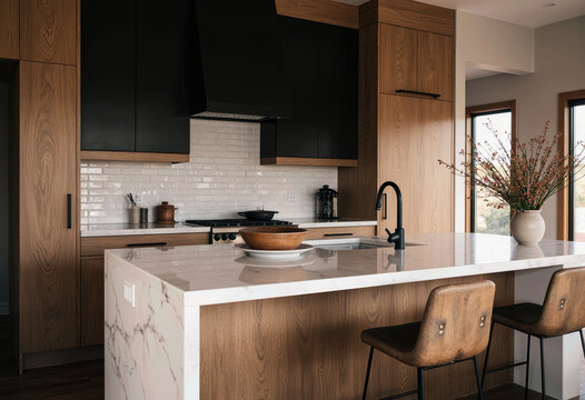 A sophisticated modern kitchen with a bold contrast of black and wood cabinets, a stunning waterfall island, and a chic matte black faucet for a luxury feel.
