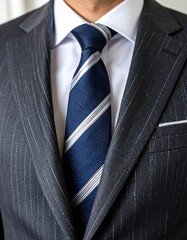 Close-up of a navy and silver diagonal striped tie on a charcoal tailored suit, emphasizing sophistication and executive lifestyle.