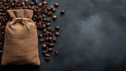 Roasted coffee beans spill from a burlap sack on a dark, textured surface