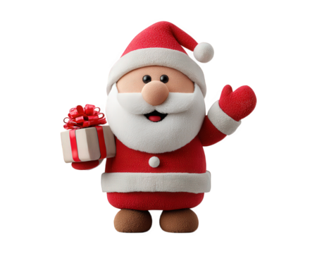 Santa Claus cartoon character holding gift box red suit white beard festive holiday decoration cheerful expression Christmas celebration winter isolated on transparency background