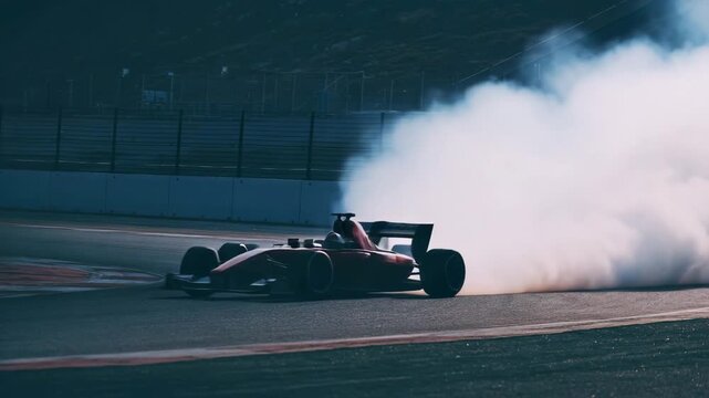 Formula Two racing cars drift through a cloud of smoke on a racetrack, showcasing speed and precision in a thrilling automotive scene